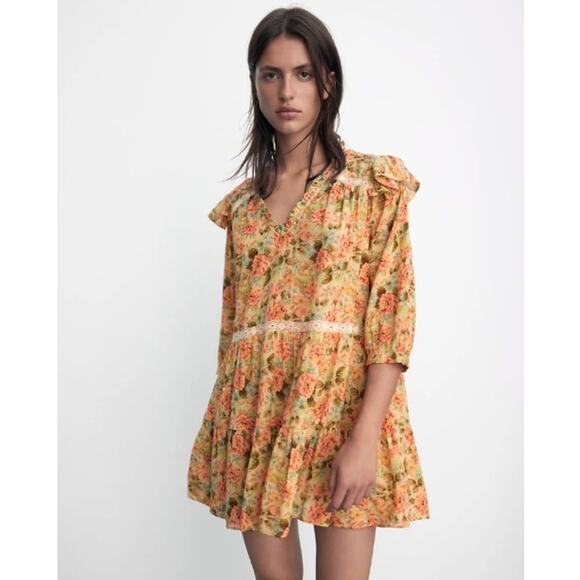 NWT Zara Floral Print V-Neck Ruffle Sleeve Babydoll Mini Dress Size Medium - Picture 6 of 11